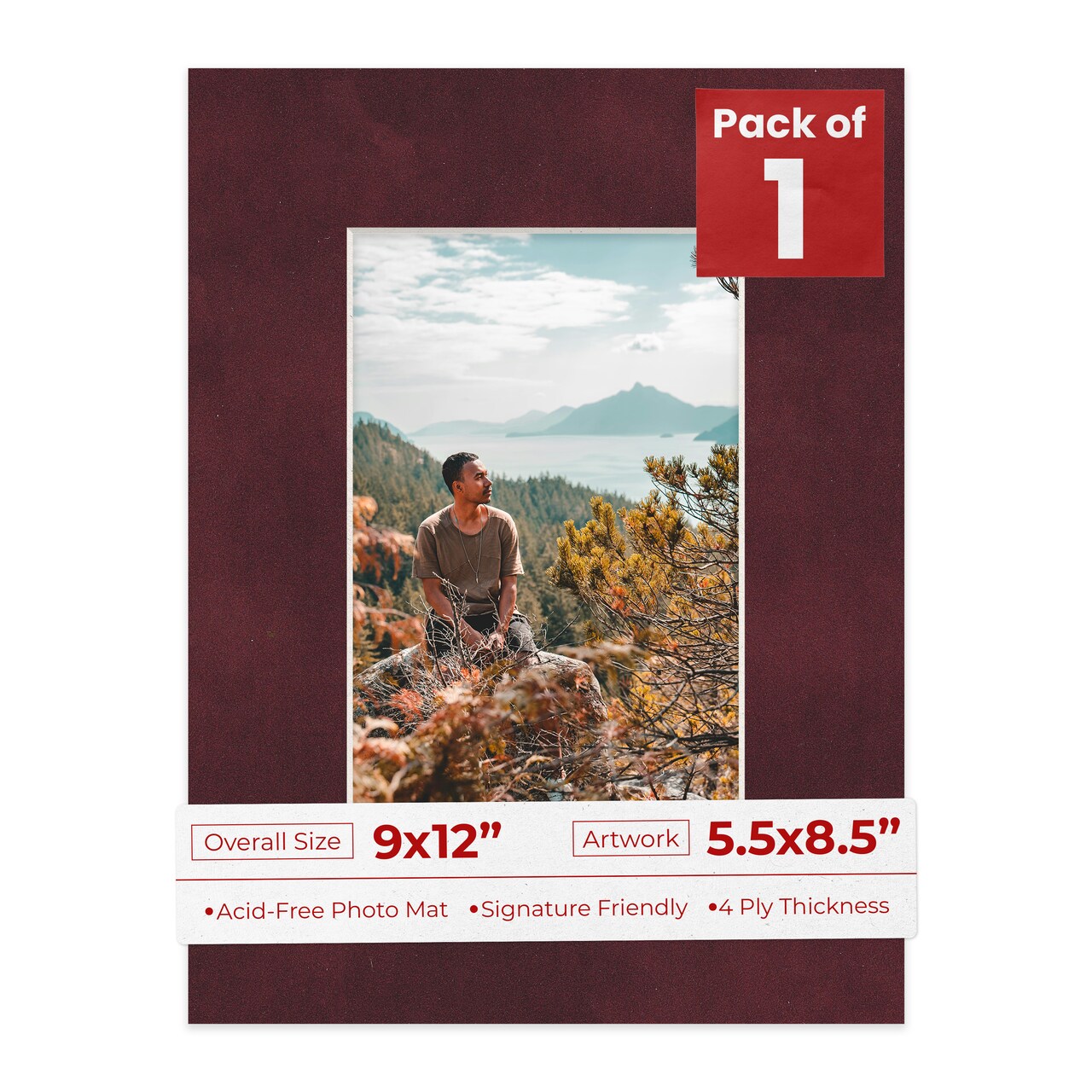 Dark Red Suede Mat Board for 9x12 Frames - Fits 5.5x8.5 Photos